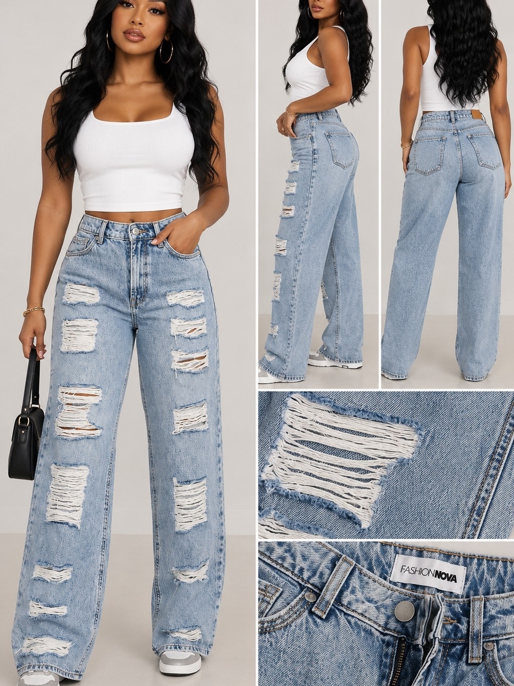 Fashion Nova Light Blue Distressed Wide Leg Jeans